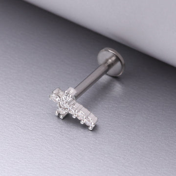Detail View 1 of Holy Cross Sparkle Top Internally Threaded Steel Flat Back Stud Labret-Clear Gem